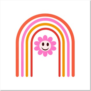 Pink Smiley Flower on Retro Rainbow Posters and Art